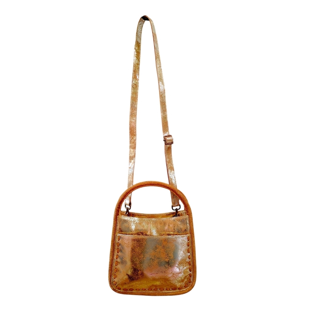 STS Gold Metallic Leather SuedeFlaxen Roan Sugar Crossbody Satchel Handbag NWOT - Picture 7 of 11